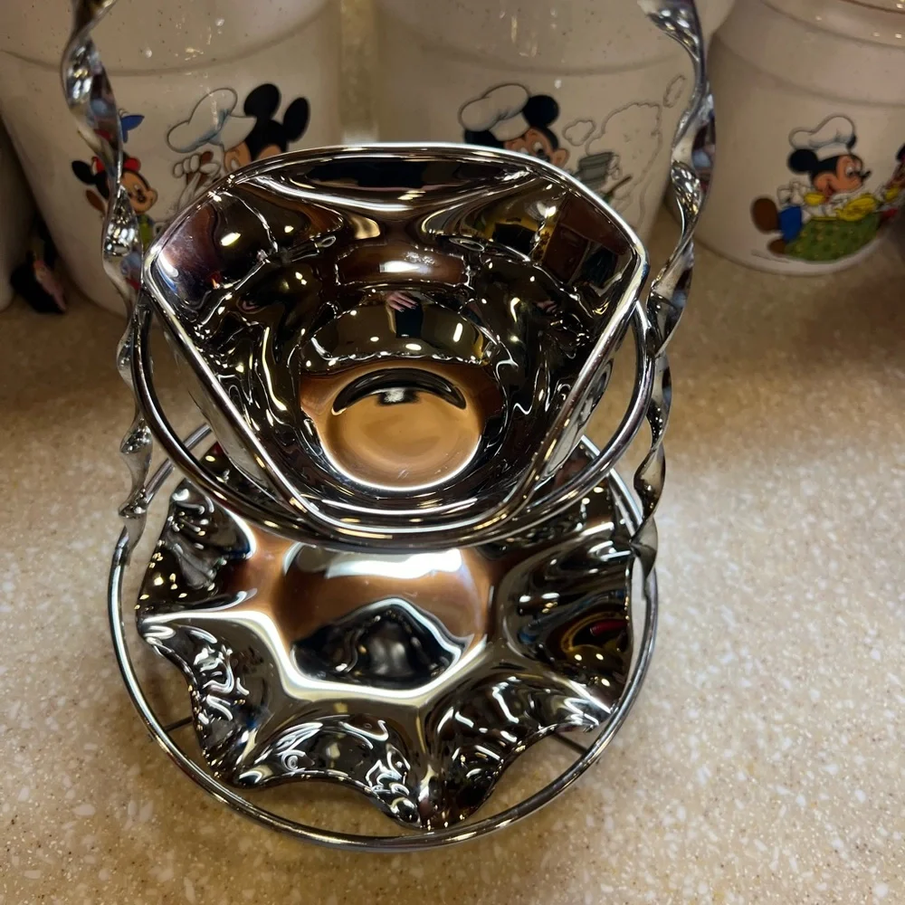 Vintage Sliver Toned Glass 2 Tier Dessert Candy Dish 10.5 Tall Non Tarnish
